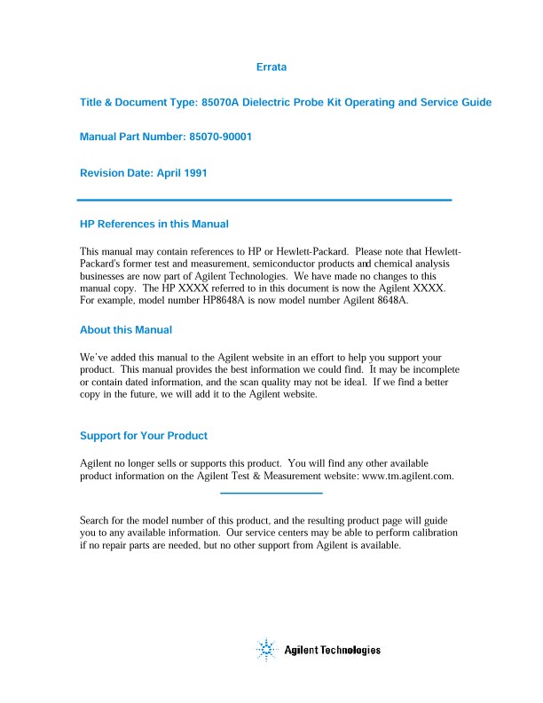 Operating and Service Guide, 85070A Dielectric Probe Kit | Keysight